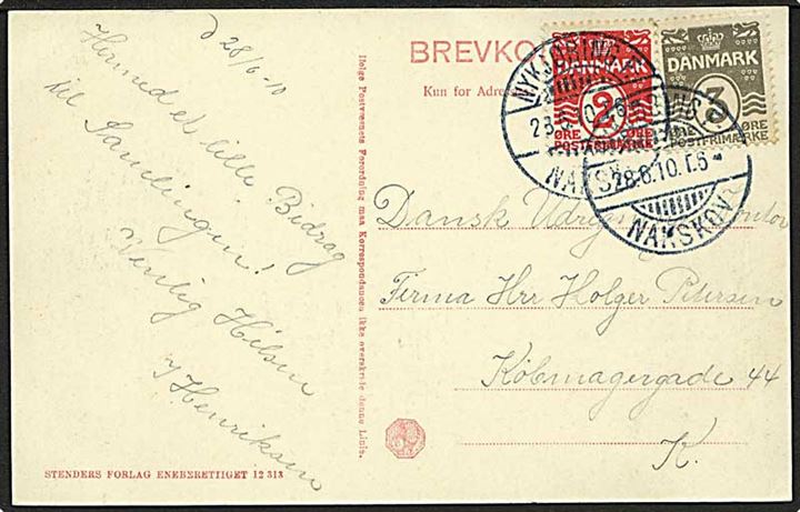 2 øre og 3 øre Bølgelinie på brevkort fra Nakskov annulleret med bureaustempel Nykjøbing F.-Nakskov T.6 d. 28.6.1910 til København.