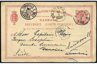 10 øre Våben helsagsbrevkort annulleret med lapidar Aarhus II d. 23.9.1889 til Capt. Dam på bark Josephina via danske konsul i Deauville, Tunesien - eftersendt via Trouville s/Mer til Sundsvall, Sverige.