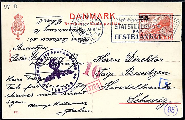 25/20 øre provisorisk helsagsbrevkort fra København d. 18.4.1943 til Hindelbank, Schweiz. Tysk censur.