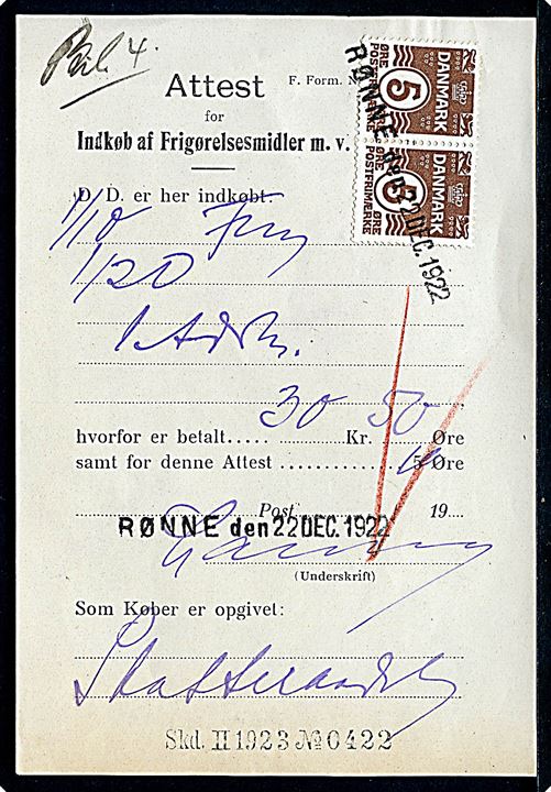 5 øre Bølgelinie i parstykke annulleret med kontorstempel Rønne d. 22.12.1922 på Attest for Indkøb af Frigørelsesmidler m.v. 