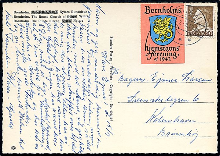 50 øre Fr. IX og Bornholms Hjemstavns forening af 1942 mærkat på brevkort stemplet Svaneke d. 15.7.1968 til Brønshøj.