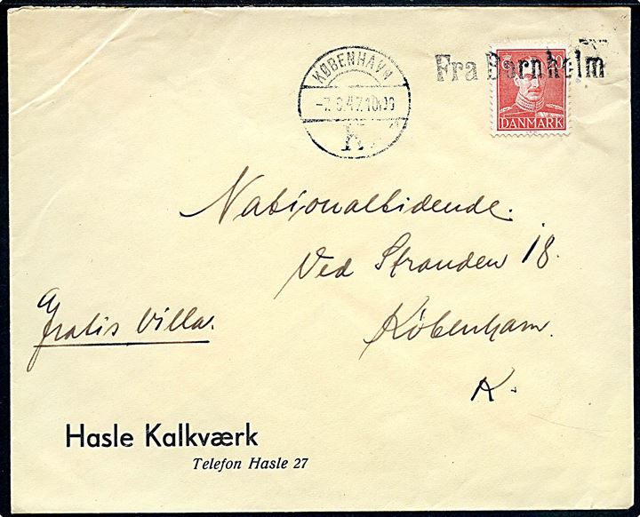 20 øre Chr. X på firmakuvert fra Hasle Kalkværk annulleret med skibsstempel Fra Bornholm og sidestemplet København d. 7.9.1947 til København.
