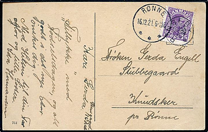 15 øre Chr. X på brevkort annulleret med stjernestempel RINGEBY og sidestemplet Rønne d. 16.12.1921 til Knudsker pr. Rønne.