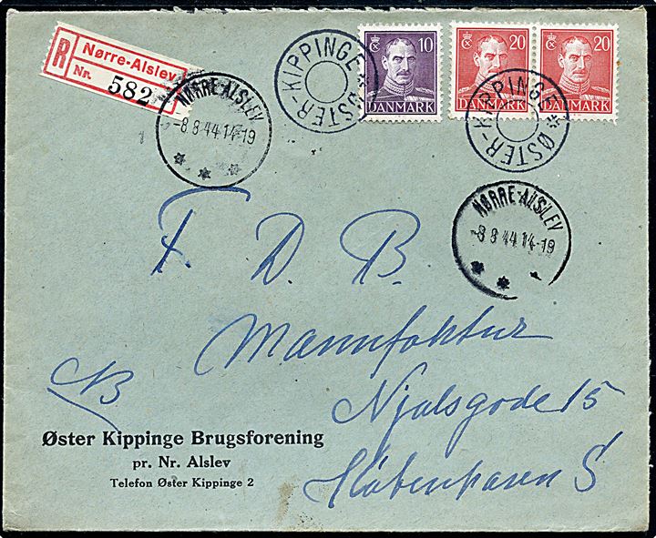 10 øre og 20 øre (par) Chr. X på anbefalet brev annulleret med udslebet stjernestempel ØSTER-KLIPPINGE og sidestemplet Nørre-Alslev d. 8.8.1944 til København.