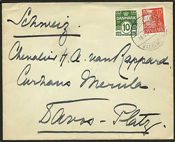 10 øre Bølgelinie og 15 øre Karavel på brev fra Hollandske Gesandtskab i København annulleret med bureaustempel Kjøbenhavn - Warnemünde T.73 d. 18.5.1927 til Davos, Schweiz.