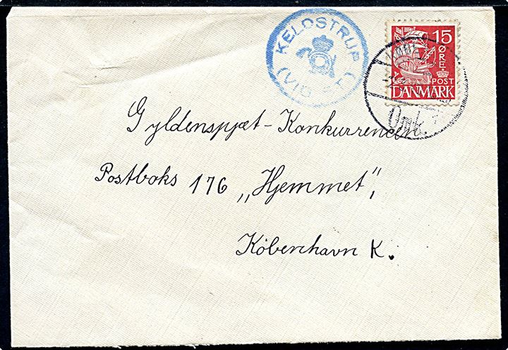 15 øre Karavel på brev annulleret København Omk. d. 2.3.1940 og sidestemplet blåt posthornstempel KELDSTRUP (VIG ST.) til København.