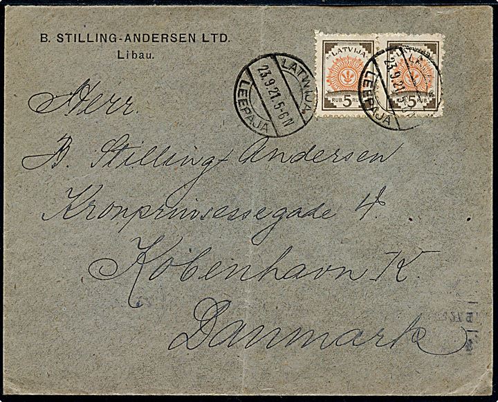 5 rub. Soltegning i parstykke på brev fra Libau stemplet Latwija / Leepaja d. 23.9.1921 til København, Danmark.