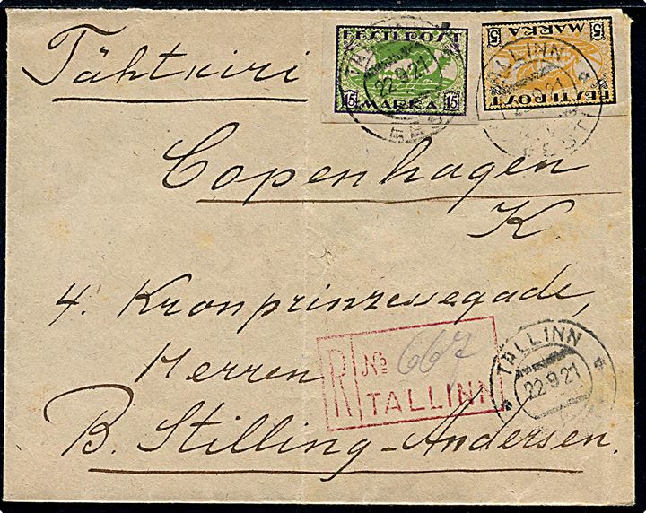 5 mk. og 15 mk. Vikingeskib utakket på anbefalet brev fra Tallinn d. 22.9.1921 til København, Danmark.-
