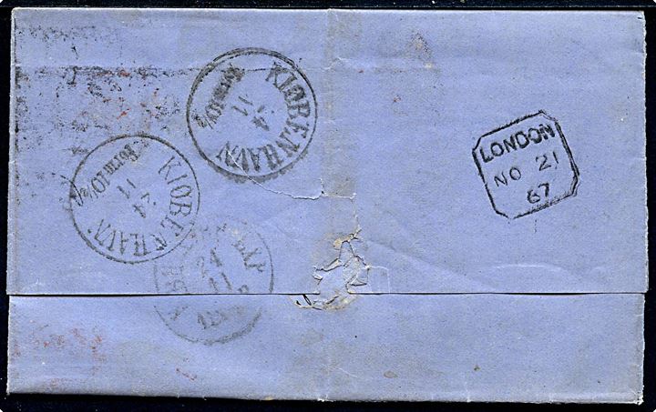 1867. 4d Victoria single på brev annulleret med nr.stempel 67 fra London d. 21.11.1867 til København, Danmark. 