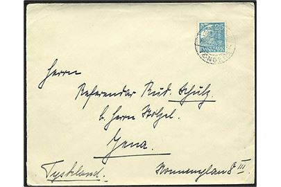 25 øre Karavel på brev annulleret med bureaustempel Sønderborg _ . Tønder T.1413 d. 14.10.1929 til Jena, Tyskland.