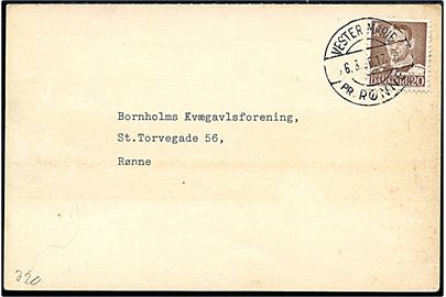 20 øre Fr. IX på brevkort annulleret med pr.-stempel Vester Marie pr. Rønne d. 26.3.1956 til Rønne.