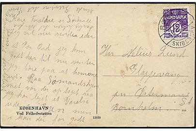 12 øre Bølgelinie på brevkort fra København annulleret med brotype IIb Rønne Skibsbrev d. 4.9.1926 til Østermarie.