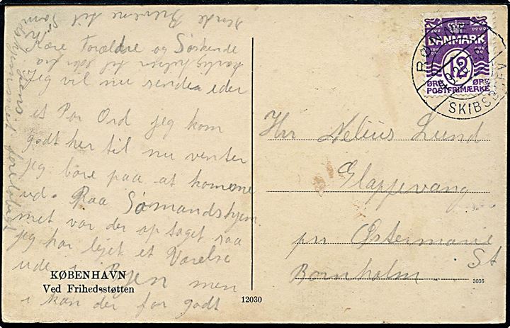 12 øre Bølgelinie på brevkort fra København annulleret med brotype IIb Rønne Skibsbrev d. 4.9.1926 til Østermarie.