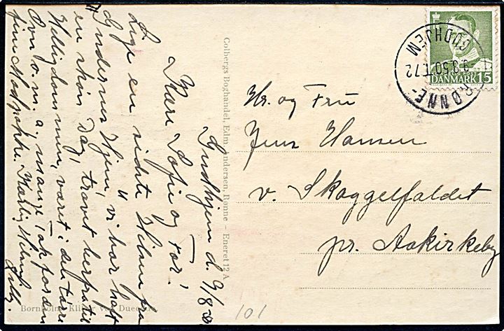 15 øre Fr. IX på brevkort fra Gudhjem annulleret med bureaustempel Rønne - Gudhjem T.72 d. 9.8.1950 til Aakirkeby.