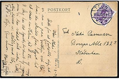 15 øre Chr. X på brevkort (Axel Mathiesen: FDF spejder spiller cricket) stemplet Tejn d. 10.8.1925 til København. Iflg. meddelelse sendt fra FDF Teltlejr ved Rø. 