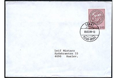 3 kr. Indre Mission på brev annulleret med brotype IId skibsstempel Rønne / Ystad - Rønne d. 9.2.1988 til Haslev.