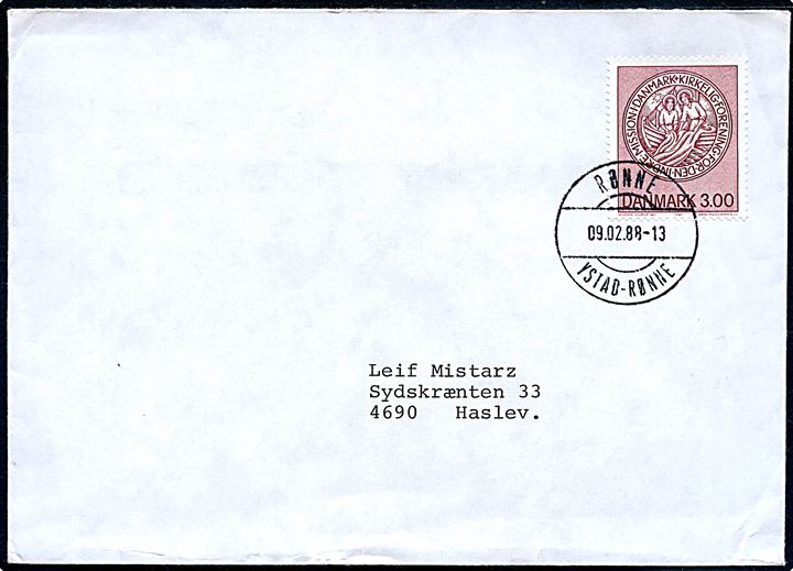 3 kr. Indre Mission på brev annulleret med brotype IId skibsstempel Rønne / Ystad - Rønne d. 9.2.1988 til Haslev.