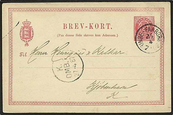 8 øre helsagsbrevkort fra Faaborg annulleret med lapidar stempel Ringe - Faaborg d. 26.4.1887 til København.