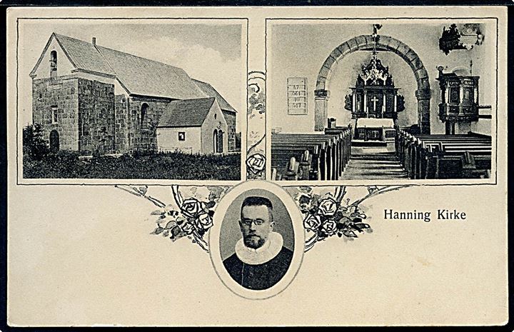 Hanning Kirke med præst. Kirken fik tårn og ny hovedindgang i 1940. C.J.C. u/no. 