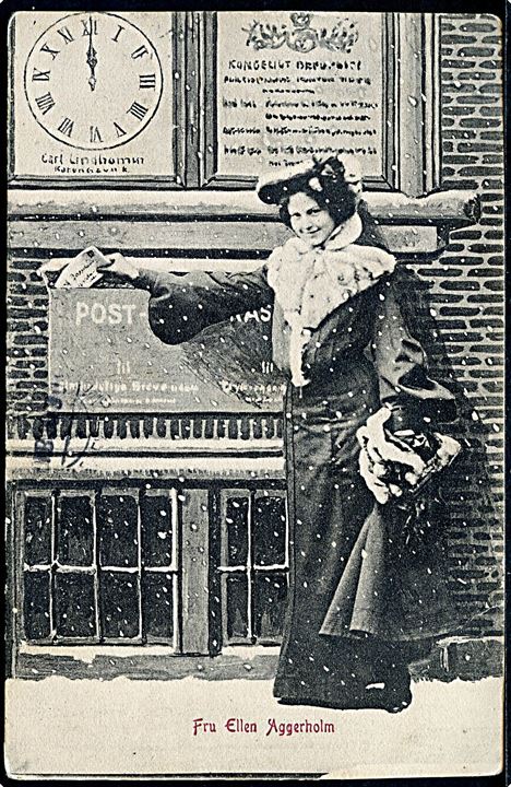 Tegnet kort af Skuespillerinde Fru Ellen Aggerholm, som sender et julebrev. A. Vincent no. 1142. Anvendt i 1907.