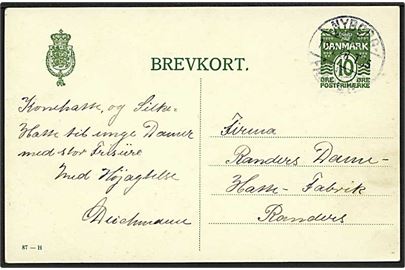 10 øre helsagsbrevkort (fabr. 87-H) fra Faaborg annulleret med bureaustempel Nyborg - Faaborg T.35 d. 12.1.1928 til Randers.