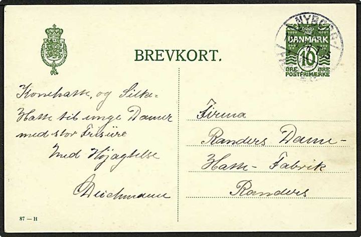10 øre helsagsbrevkort (fabr. 87-H) fra Faaborg annulleret med bureaustempel Nyborg - Faaborg T.35 d. 12.1.1928 til Randers.