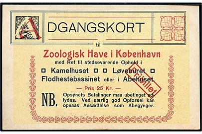Frederiksberg. Humør adgangskort til Zoologisk have. B.B.F. no. 212.