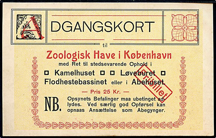 Frederiksberg. Humør adgangskort til Zoologisk have. B.B.F. no. 212.