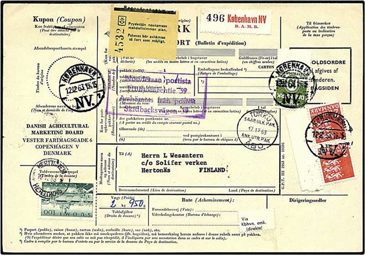 2 kr. Rigsvåben (2) og 10 øre Bølgelinie på kunde-fremstillet internationalt adressekort (GPT III Nr. 10591) for pakke fra København d. 12.12.1963 til Hertonäs, Finland. Påsat finsk 1 mk frimærke for fortoldningsafgift. 