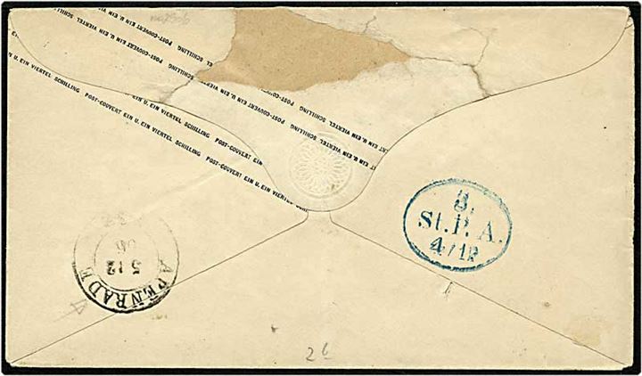 1 1/4 Schilling Hamburg helsagskuvert sendt fra Hamburg d. 5.12.1866 til Aabenraa, annulleret med blåt “St.P.A. Hamburg” stempel og bagside med 2-rings “Apenrade” ankomststempel.