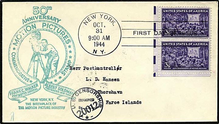 Amerikansk FDC stemplet New York d. 31.10.1944 til Thorshavn. Passér-stemplet U.S. Censorship Examined by 20012. På bagsiden “prik/bjælke” stempler (særlig censur). Ank. stempel Thorshavn 5.1.1945 på bagsiden.