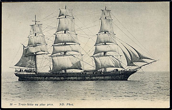 3-mastet sejlskib. Fransk postkort no. 16.