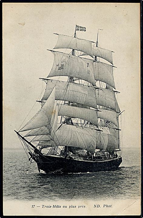 3-mastet sejlskib. Fransk postkort no. 17.