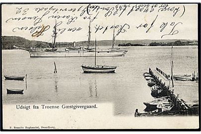 Troense Gæstgivergaard med udsigt mod stort dampskib. P. Brandt u/no.