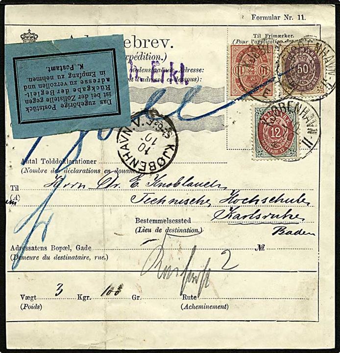 12 øre og 50 øre Tofarvet, samt 10 øre Våbentype på 72 øre frankeret internationalt adressekort for pakke fra Kjøbenhavn II d. 10.10.1891 via Hamburg til Karlsruhe, Tyskland.