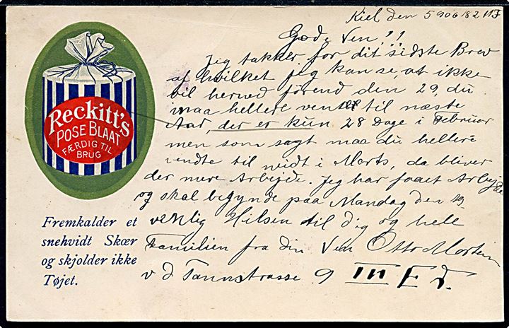 Reckitts Pose Blaat - blånelse, reklamekort anvendt fra Kiel 1906. U/no.