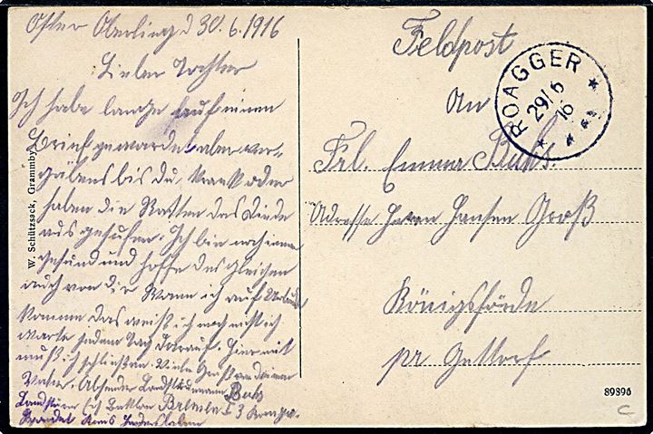 Øster-Aabling, Hilsen fra. W. Schützsack no. 89896. Sendt som feltpost fra Roagger d. 29.6.1916.