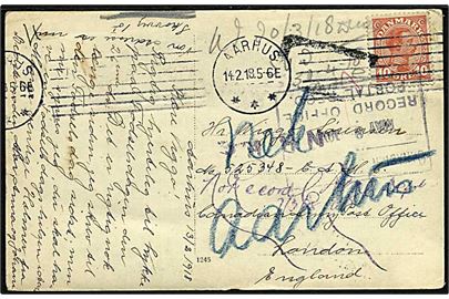 10 øre Chr. X på brevkort fra Aarhus d. 14.2.1918 til dansk soldat, Wiggo Sörensen, Canadian Army Post Office, London. Retur med flere stempler bl.a. Canadian Base Shorncliffe d. 7.3.1918. Ikke registreret af Proud.