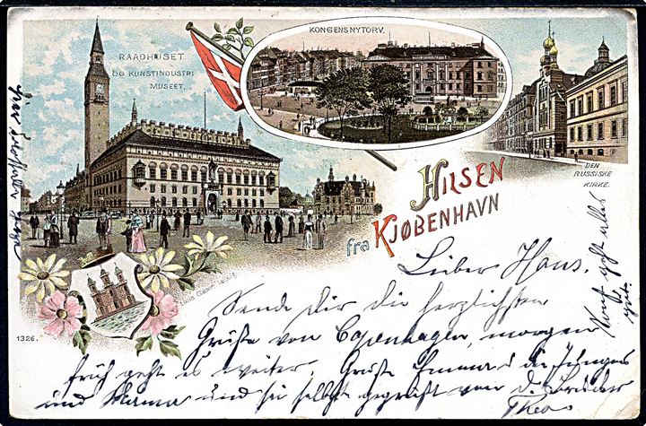 Købh., Hilsen fra med Raadhuset, Kongens Nytorv og den russiske kirke. No. 1326.