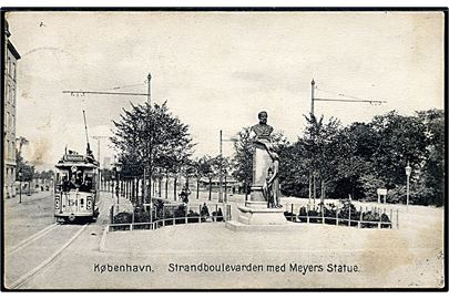 Købh., Strandboulevarden med Meyers Statue og sporvogn linie 9 vogn 154. Stenders no. 4430.