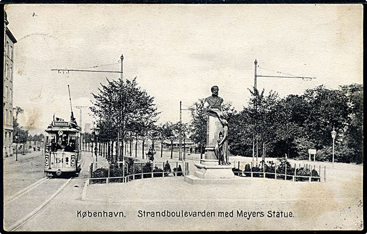 Købh., Strandboulevarden med Meyers Statue og sporvogn linie 9 vogn 154. Stenders no. 4430.