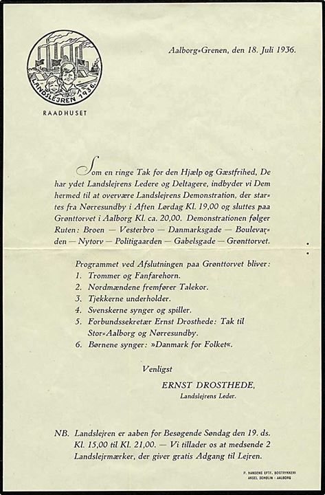 4 øre posthus-franko frankeret fortrykt tryksag med særstempel Aalborglejren d. 18.7.1936. Indeholder takkeskrivelse for hjælp og gæstfrihed under lejren. 