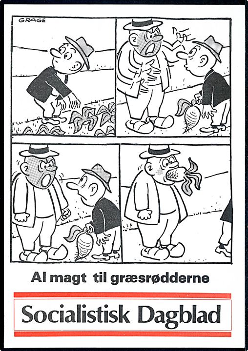 Socialistisk Dagblad. Politisk postkort. Al magt til græsrødderne. Tegnet af Tony Grage.