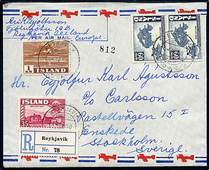 35 aur, 60 aur (par) UPU og 1 kr. Hekla på 2,55 kr. frankeret anbefalet luftpostbrev fra Reykjavik d. 14.4.1950 til Stockholm, Sverige. Tape på bagsiden.