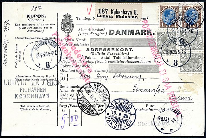 50 øre (3) og 1 kr. (par) Chr. X på 350 øre frankeret internationalt adressekort for pakke fra Kjøbenhavn 8 (= Frihavnen) d. 18.9.1925 via Malmö og Helsingfors til Tammerfors, Finland.