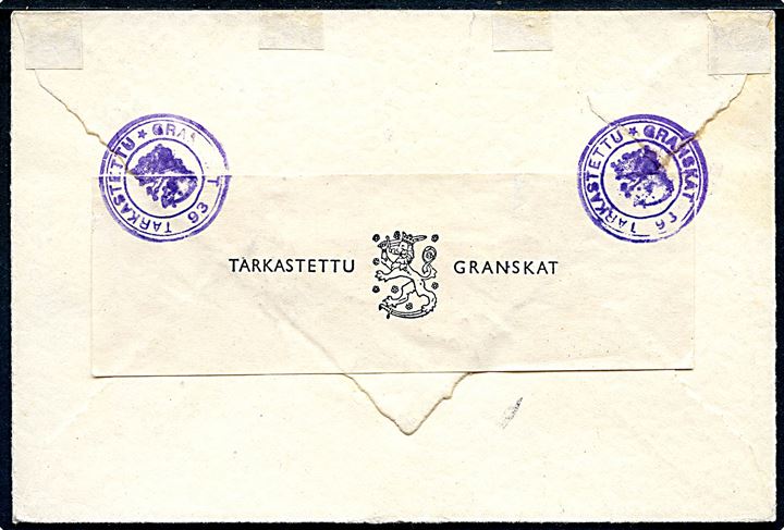 25 pen. Løve, 50+5 pen. Velgørenhed og 1 1/4 mk. Postjubilæum (4) på anbefalet luftpostbrev fra Ekenäs d. 1.6.1942 til Sundsvall, Sverige. Finsk censur.