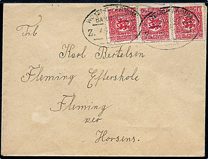 10 pfg. Fælles udg. (3) på brev annulleret med bureaustempel Woyens - Arnum Bahnpost Z. 45 d. 14.3.1920 til Flemming pr. Horsens, Danmark.