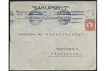 15 öre Gustaf på fortrykt kuvert fra den russiske organisation SAKUPSBYT - Sammenslutningen af kooperative distriktsforeninger i Sibirien - i Stockholm d. 27.8.1919 til København, Danmark. Rift på bagsiden.