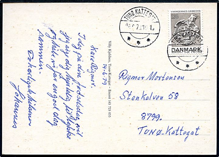 1,10 kr. Gribedyr på lokalt brevkort (Partier fra Tunø og færge) annulleret med brotype IIc Tunø Kattegat d. 14.6.1979.