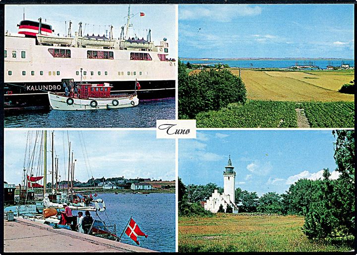 1,10 kr. Gribedyr på lokalt brevkort (Partier fra Tunø og færge) annulleret med brotype IIc Tunø Kattegat d. 14.6.1979.